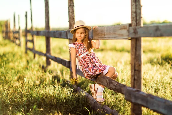 Niña, niña con sombrero sentada en la valla en la aldea. paseos por el campo . — Foto de Stock