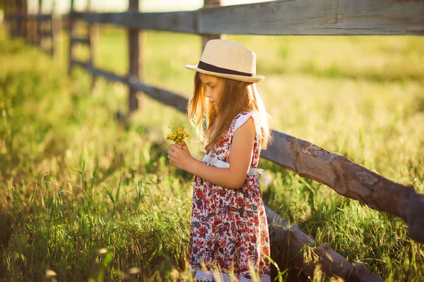 Girl in hat standing next to fence in village with bouquet of wild flowers — Stock Photo, Image