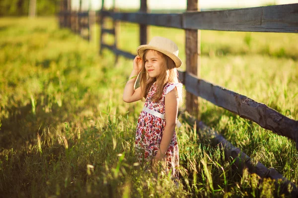 Niña, niña con sombrero de pie junto a la valla en la aldea. paseos por el campo . —  Fotos de Stock