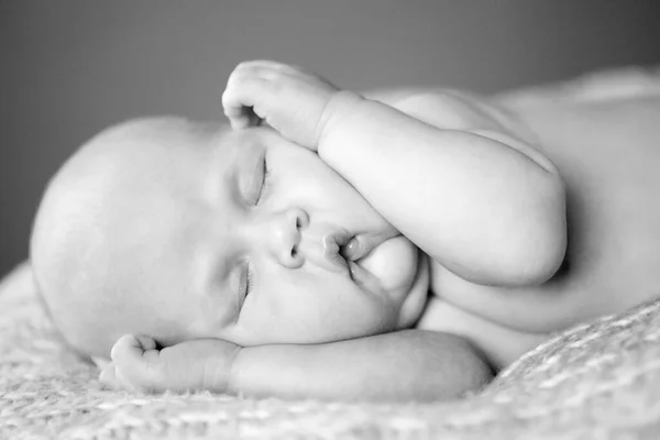 Svart hvitt. sovende nyfødte barn. omsorg for barn. fredelig barnesøvn. – stockfoto