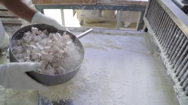 男工。切土耳其喜悦甜点的机器。糖的生产 — 图库视频影像