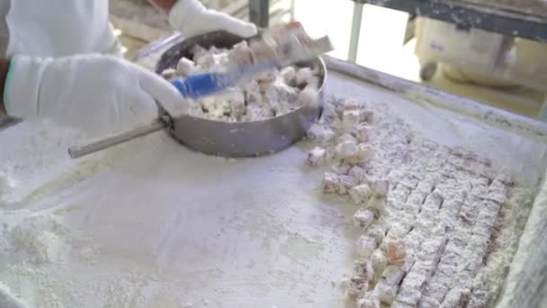 Homme ouvrier. machine pour couper confiserie turque délice. production de bonbons — Video