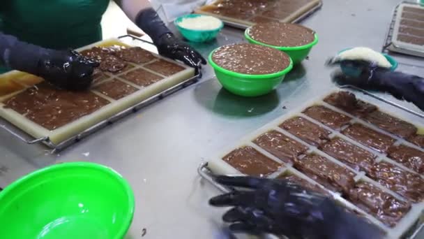 공장에서 일하는 사탕 공장에서는 규소 형태의 견과가 담긴 셰 베트를 부어 먹는다. — 비디오