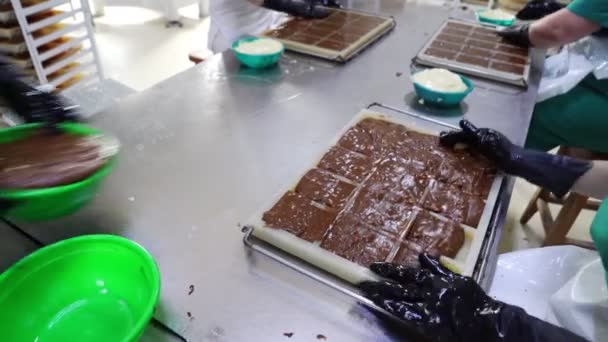 Pracownik fabryka cukierków wlać sorbet z orzechami na formularzach silikonowych. — Wideo stockowe