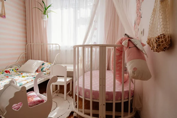 Beautiful little cosy white kids room with two beds for girls kids. — Stock Photo, Image