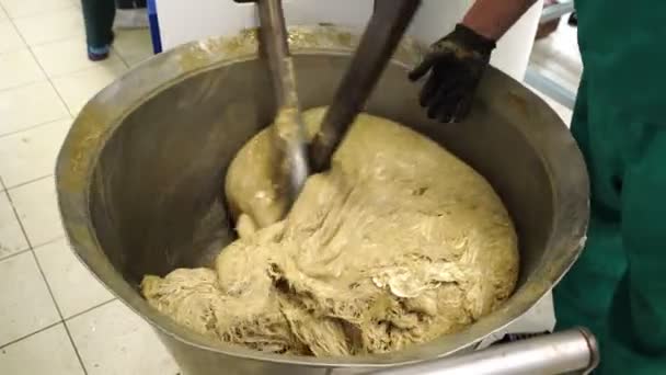 Keverés kézzel összetevőkkel a halva elkészítéséhez. édességgyár. — Stock videók