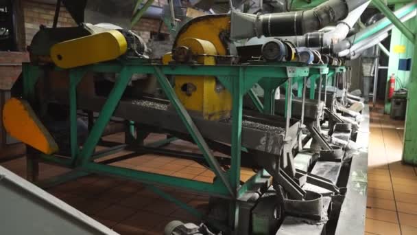 Mechanische sorteerder, zeven zonnebloempitten in de fabriek. machine draait. — Stockvideo