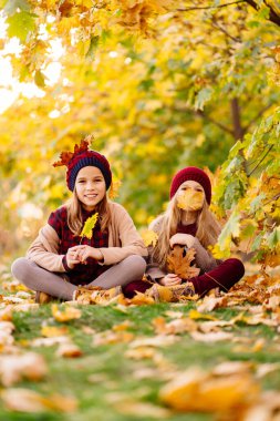 Şapkalı kızlar sonbahar parkında akçaağaç yaprağıyla oturur ve oynarlar. İyi eğlenceler..