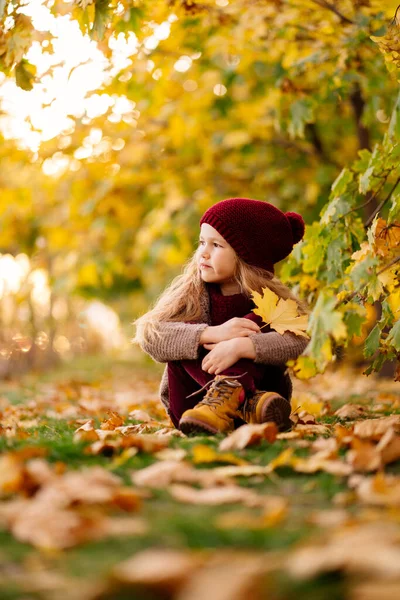 Маленька дівчинка в капелюсі сидить під деревами в осінньому парку з кленовим листом . — стокове фото