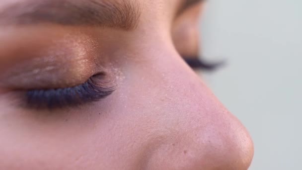 Ojos femeninos con pestañas y párpados pintados en primer plano. — Vídeos de Stock