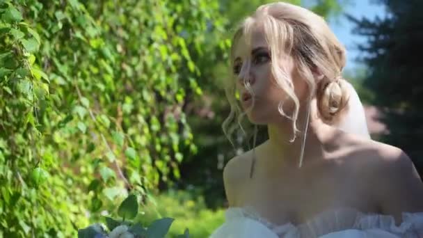 Bride is worried, afraid and swear before meeting groom. — Stock Video