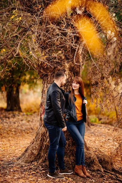 Man and a woman standing near tree in autumn Park. — Stock Photo, Image