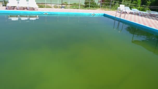 Piscina sucia con agua verde. mal servicio en el complejo. condiciones insalubres. — Vídeos de Stock