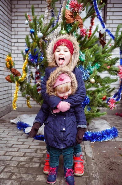 Meninas engraçadas ficar na rua perto da árvore de Natal. — Fotografia de Stock