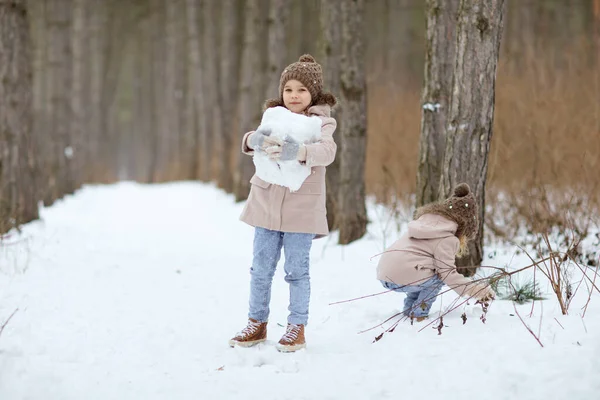 Niñas juegan en el bosque de invierno y hacer bolas de nieve. —  Fotos de Stock