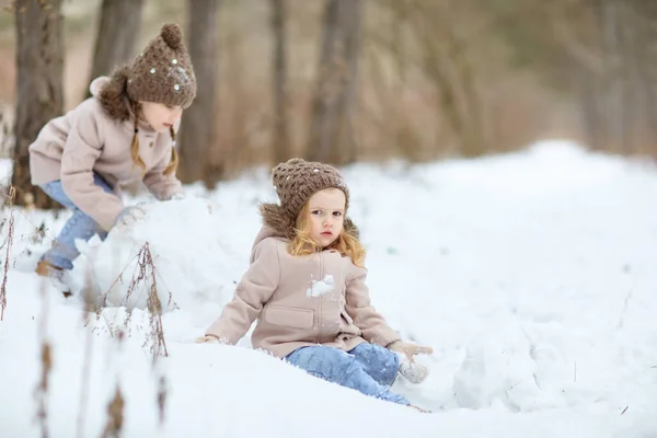 Flickor leker i vinterskogen och gör snöbollar. — Stockfoto