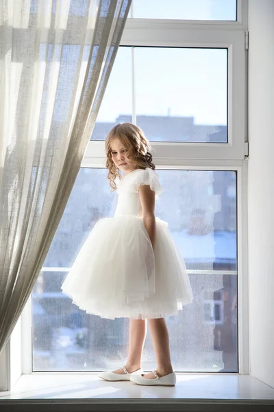 Маленька дівчинка чекає на Миколая біля вікна.. — стокове фото