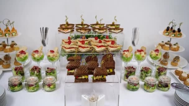 Catering. buffet. Los tentempiés para la fiesta - los canapés, los bocadillos, los panecillos, las ensaladas. — Vídeos de Stock