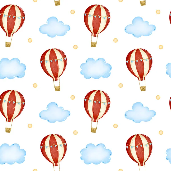 Cartoon hot air balloon with red stripes and blue flags in the sky among the clouds seamless pattern