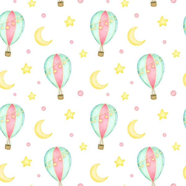 Cartoon hot air balloon with garlands in the sky among the moon and stars seamless pattern