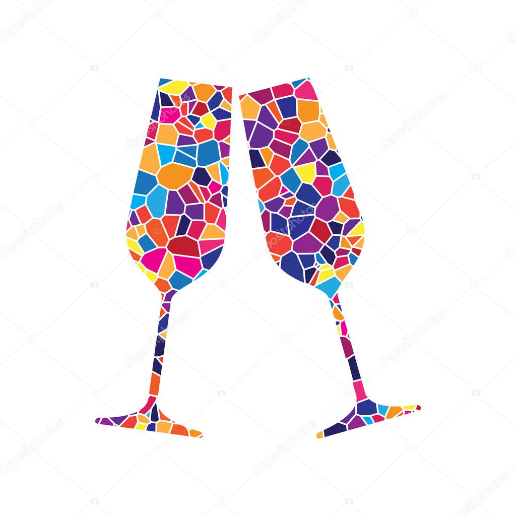 Sparkling champagne glasses. Vector. Stained glass icon on white