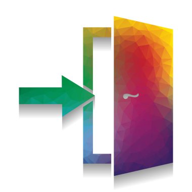 Çıkış işareti kapı. Vektör. Ecek parlak dokusu ile renkli simge