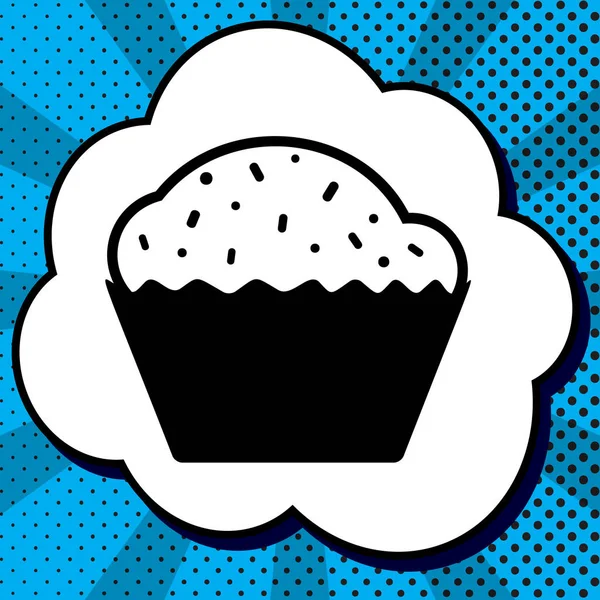 Segno di cupcake. Vettore. Icona nera in bolla sul retro pop-art blu — Vettoriale Stock