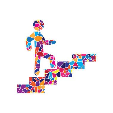 Adam merdivenlerde gidiyor. Vektör. Vitray simgesi beyaz arka