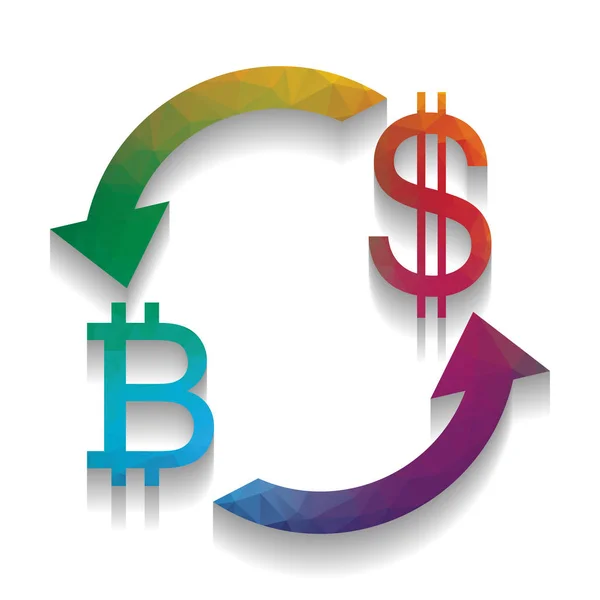 Signo de cambio de divisas. Bitcoin y dólar estadounidense. Vector. Colorido — Vector de stock