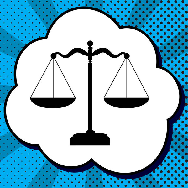 Scales balance sign. Vector. Black icon in bubble on blue pop-ar