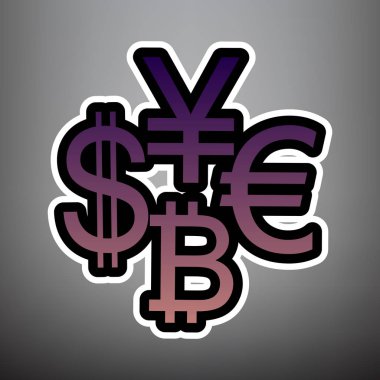 Para birimi koleksiyon doları, euro, bitcoin, yen oturum açın. Vektör. Vio