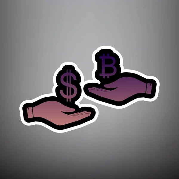 Troca de moeda de mão em mão. Dólar e Bitcoin. Vetor . — Vetor de Stock