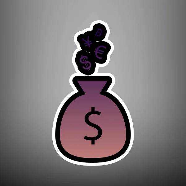 Saco de dinheiro sinal com símbolos de moeda. Vector. Gradiente violeta ic — Vetor de Stock