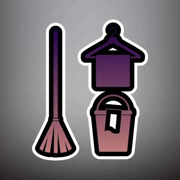 Broom, bucket and hanger sign. Vector. Violet gradient icon with — Stock Vector