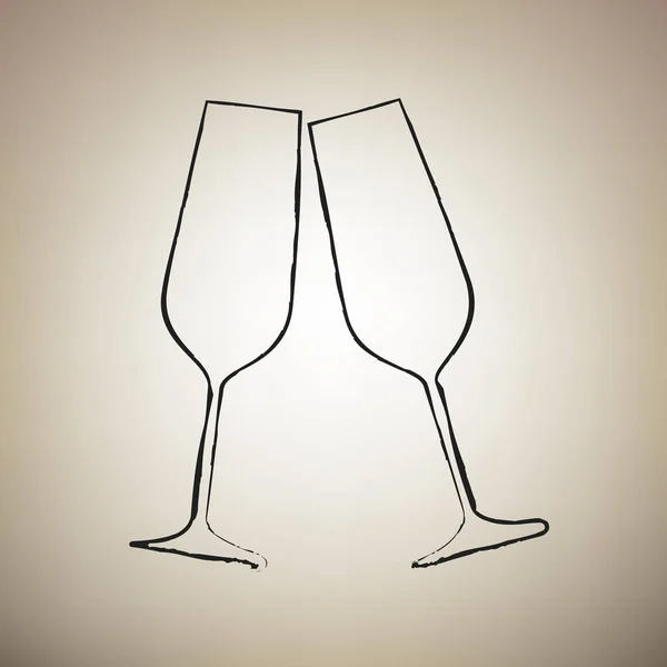 Verres à champagne pétillants. Vecteur. Brosse dessinée icône noire à — Image vectorielle