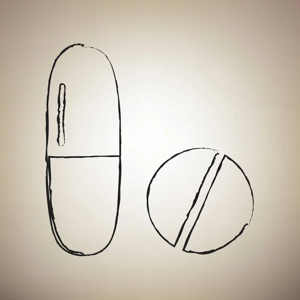 Pílulas médicas assinadas. Vector. Escova desenhado ícone preto na luz bro —  Vetores de Stock