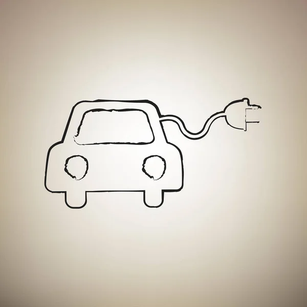 Signo de coche eléctrico ecológico. Vector. Cepillo dibujado icono negro en la luz — Vector de stock