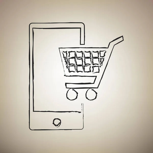 Shopping su smart phone segno. Vettore. Pennello disegnato icona nera a — Vettoriale Stock