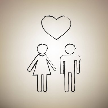 Aile simgesi kalp ile. Karı koca birbirlerinin ellerini tutulur. Seviyorum. Vektör. Açık kahverengi renkli fırça defterlerimiz siyah simgesini.