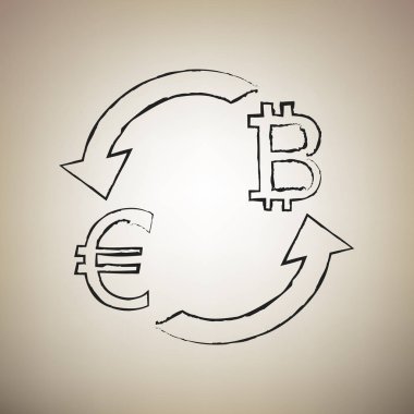 Döviz Alım Satım işareti. Euro ve Bitcoin. Vektör. Fırça defterlerimiz b