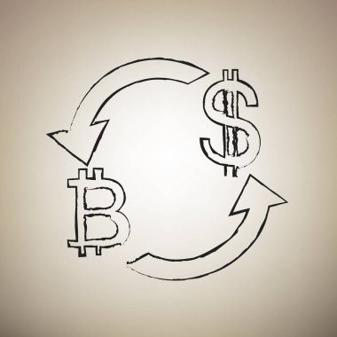 Döviz Alım Satım işareti. Bitcoin ve ABD Doları. Vektör. Fırça dra