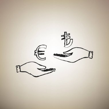 El el üzerinden Döviz Alım Satım. Euro ve Lirası. Vektör. BOD