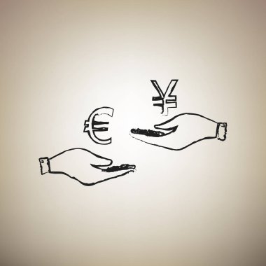 El el üzerinden Döviz Alım Satım. Euro ve Yen. Vektör. Fırça