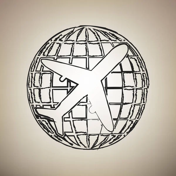 Globus und Flugzeug Reiseschild. Vektor. Pinsel gezeichnet schwarzes Symbol an — Stockvektor