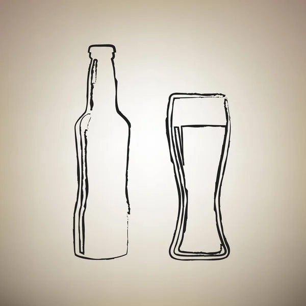 Bier fles teken. Vector. Borstel tot zwarte pictogram aan lichtbruin — Stockvector