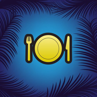 Çatal, plaka ve bıçak. Vektör. Simge ve palmiye ağaçlarının dalları ile mavi arka plan, siyah kontur ile.