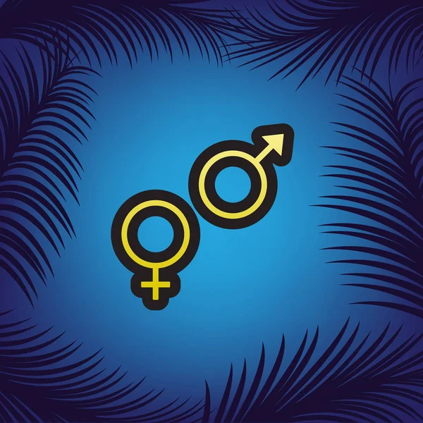 Signo de símbolo sexual. Vector. Icono dorado con contorno negro en azul — Vector de stock