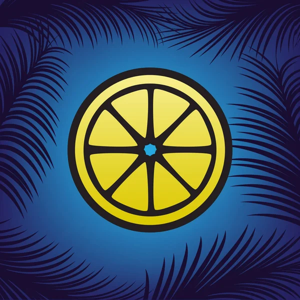Лимонный знак. Вектор. Золотая икона с черным контуром на blu — стоковый вектор