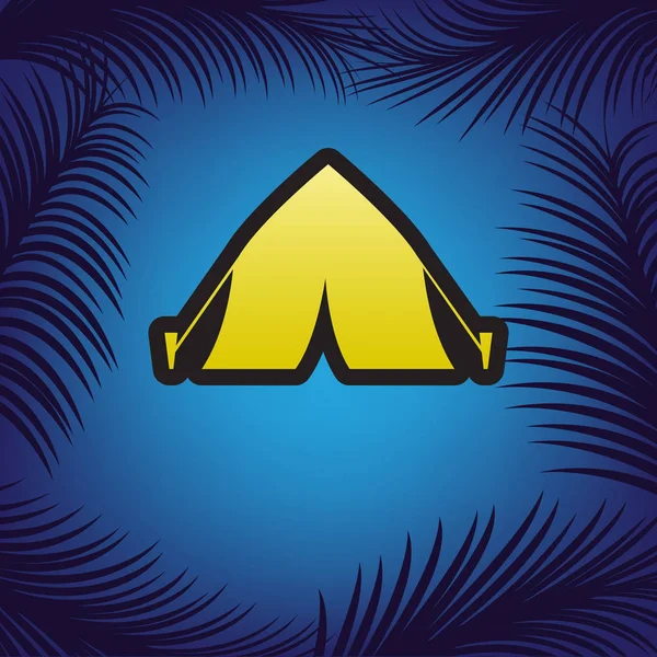 Turist tält tecken. Vektor. Gyllene ikon med svart kontur på blu — Stock vektor