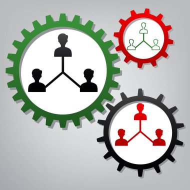 Sosyal medya pazarlama işareti. Vektör. Üç bağlı gears ile 